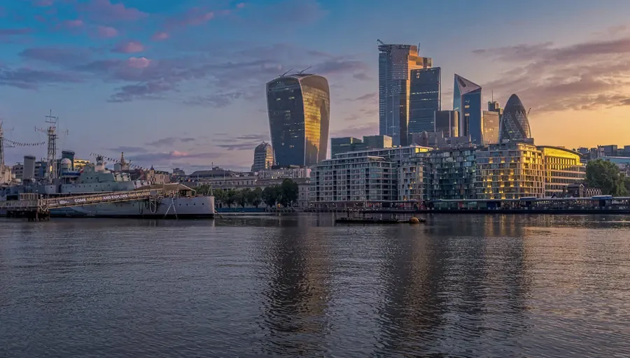 Sunrise over the River Thames and the City of London